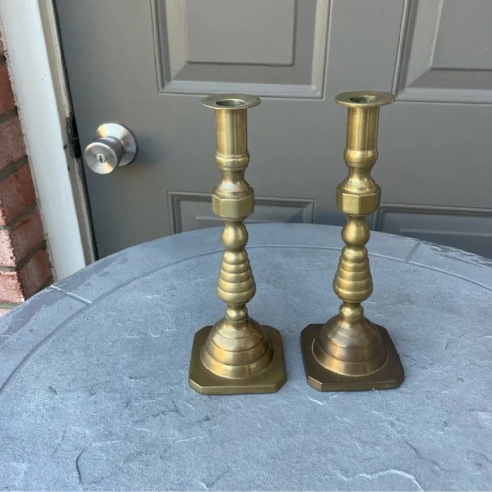 Pair of Antique Beehives Brass Candlesticks